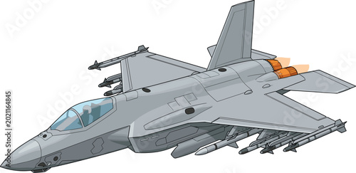 Foto Modern Military Fighter Jet Aircraft with Afterburner Flame Trails Flying Isolat