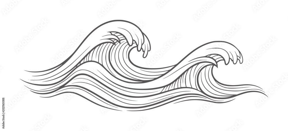 Fototapeta premium Stylized dark grey line of two crashing ocean waves water nature