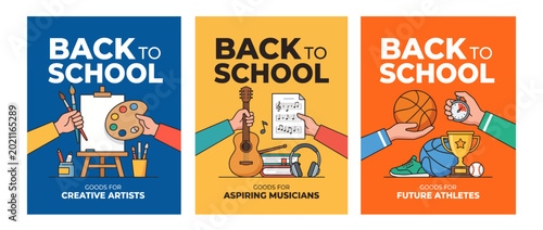 Photos A themed back to school collection featuring illustrations for creative artists, aspiring musicians, and future athletes, capturing diverse interests for kids