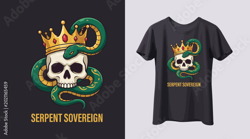 Fotografie This striking graphic art features a skull entwined with a snake and crowned, embodying a bold and edgy aesthetic perfect for T-shirt designs appealing to trendy audiences