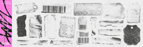 Xerox grunge photocopy with tags, barcodes and torn paper in punk collage