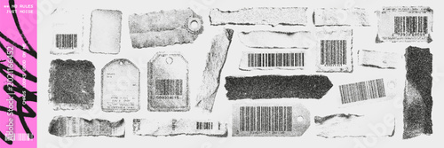  Grunge photocopy set of barcode tags, torn paper textures, and ripped tape pieces