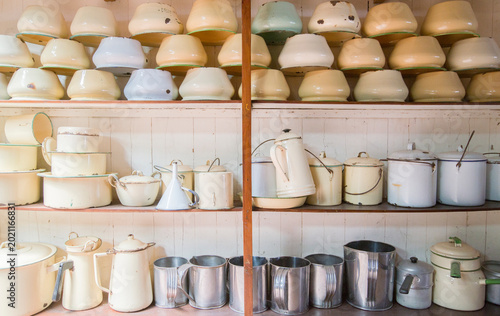 Vintage kitchen utensils in a shop. Vintage style.