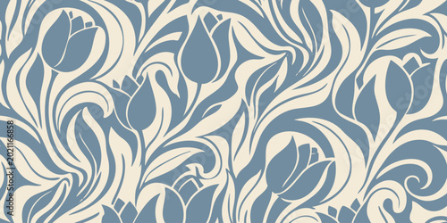 Foto Blue and white floral pattern fills the entire frame with leaves and buds