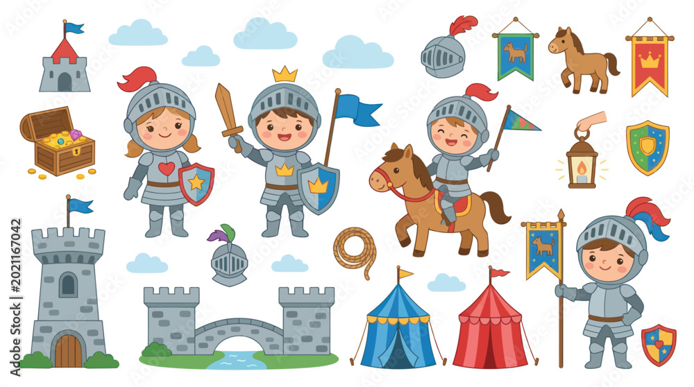 Fototapeta premium Cute Cartoon Medieval Knight and Castle Elements Kit