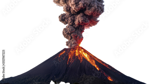 Quadro su tela Active volcano erupting molten lava and ash cloud, isolated on transparent backg
