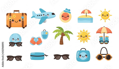 Canvas Print Colorful flat vector icons of beach umbrella, suitcase, airplane, and sun