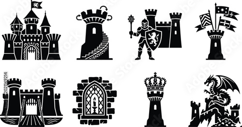 Foto Medieval castle icons set, black silhouette fortress and knight vector elements,