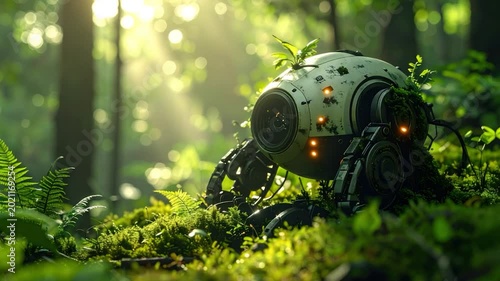 A robot, half-covered in moss, rests in a sunlit forest, surrounded by lush greenery