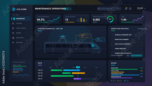 Billede på lærred Dark train maintenance operations dashboard with vehicle diagnostics, inspection