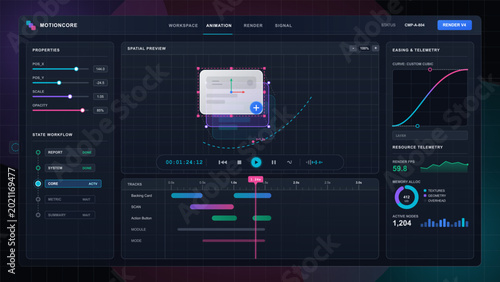 Foto Futuristic component animation timeline editor dashboard with spatial preview, property sliders, easing curve, resource metrics, and track controls