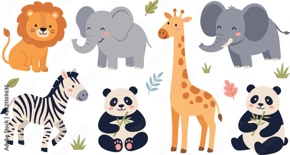 Naklejka premium Cute Safari Baby Animal Sticker Set and Element Collection Vector Illustration with Lion Giraffe Elephant Zebra and Panda for Kids Nursery Designs