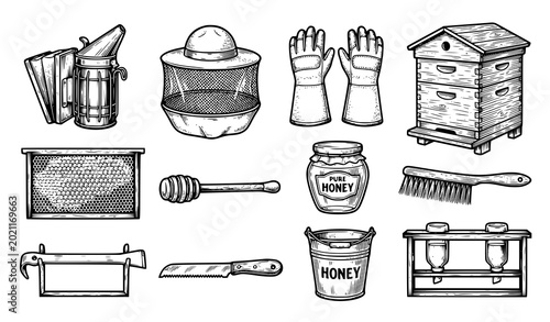 Quadro su tela Line art set of apiculture tools including hives, honey jars, and bee suits