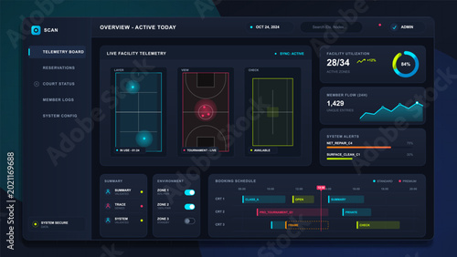 Photos Dark sports facility booking dashboard with live court telemetry, utilization gauge, member flow chart, alerts, environment controls, and schedule