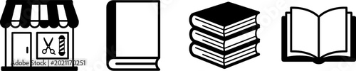 Foto Black and White Book and Barbershop Icon Vector Set Featuring Storefront Facade,