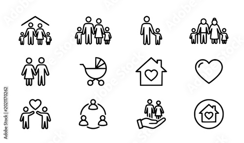 Foto Simple line art set representing family members, childcare, housing, and social unity