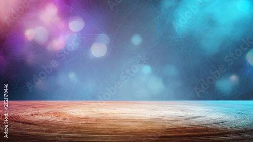 Empty wooden pedestal with blue and pink neon bokeh background for product presentation and copy space