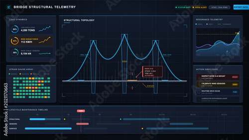 Fotografi Dark vector bridge telemetry dashboard showing topology diagram, load metrics, s