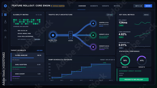 Foto Dark vector feature rollout dashboard showing eligibility matrix, traffic split