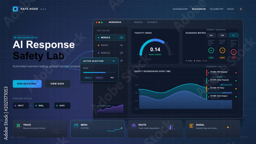 Fotografie AI response safety lab dashboard with toxicity index, scenario matrix, regressio