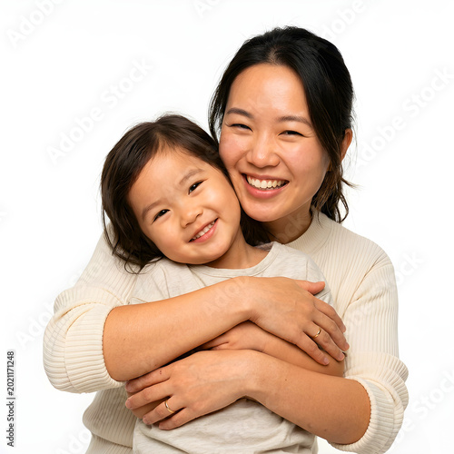 Asian Mother Hugging Daughter From Behind Family Portrait