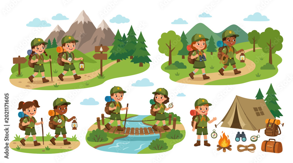 Naklejka premium Kids Camping and Hiking Adventure Flat Vector Illustrations