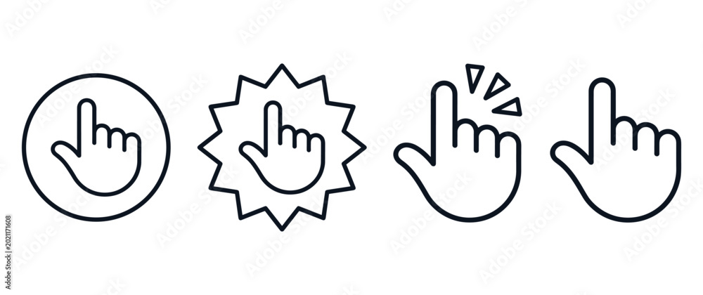 Fototapeta premium Hand cursor click icons with starburst and circle focus design elements.
