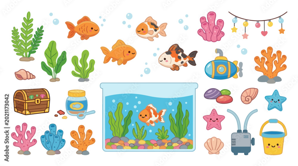 Naklejka premium Cute Aquarium Scene with Goldfish, Treasure Chest, and Submarine, Flat Illustration