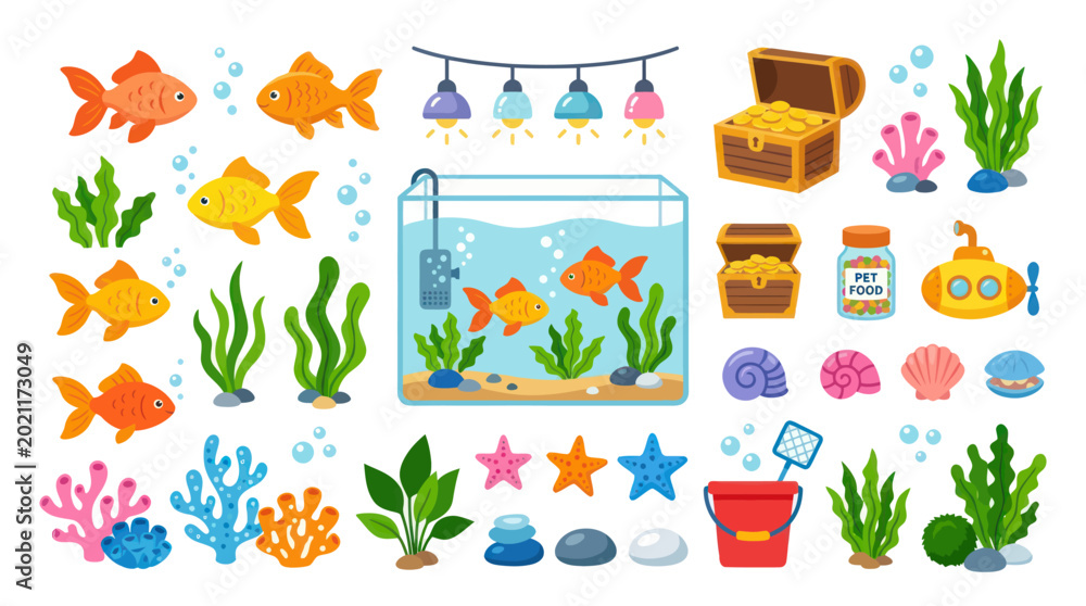 Fototapeta premium Flat Vector Pet Aquarium Elements and Marine Life Accessories Collection for Fish Tank Design