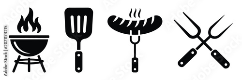 Photos BBQ icon design showing barbecue grill tools fire skewers steak and outdoor cook