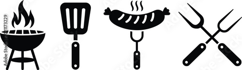 Bild auf Leinwand BBQ icon featuring barbecue grill tools fire skewers steak and outdoor cooking v