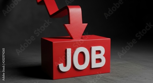 Red 3d block with the word job and a downward pointing arrow representing unemployment crisis