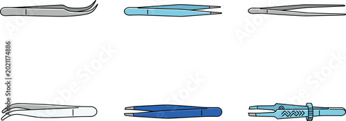 Картината върху платно Precision Tweezer Vector Illustration Set with Curved, Straight, and Specialty M