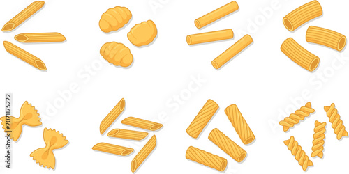Cuadro en lienzo Pasta Vector Illustration Set with Penne, Fusilli, Rigatoni, Farfalle, and Crois