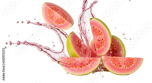 Sliced pink guava fruit segments splashing with clear water droplets against a solid black background, isolated food