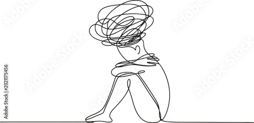 Continuous line drawing of a woman in a dynamic pose with swirling hair