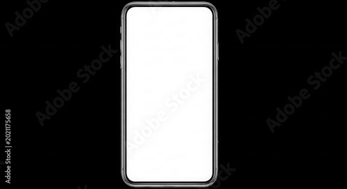Smartphone with a blank white screen isolated on a solid black background, vertical orientation, metallic frame, digital device mockup