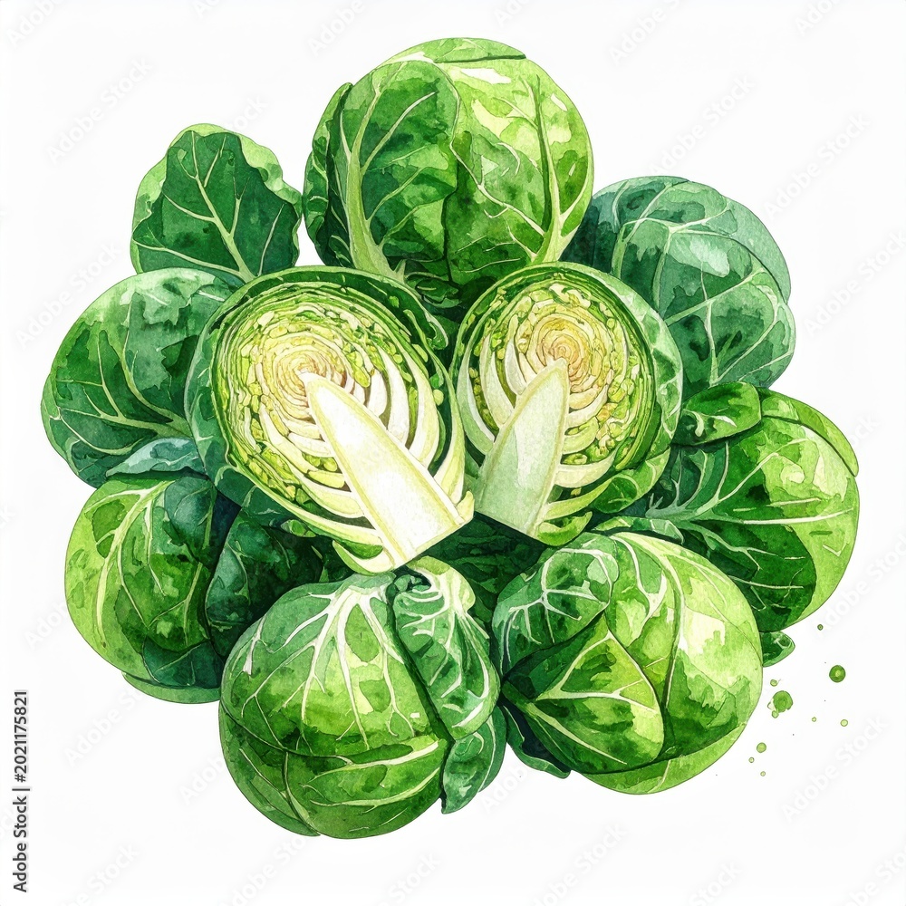 Fototapeta premium Freshly Cut Brussels Sprouts Halves Showcasing Green Leaves and Layers of Texture