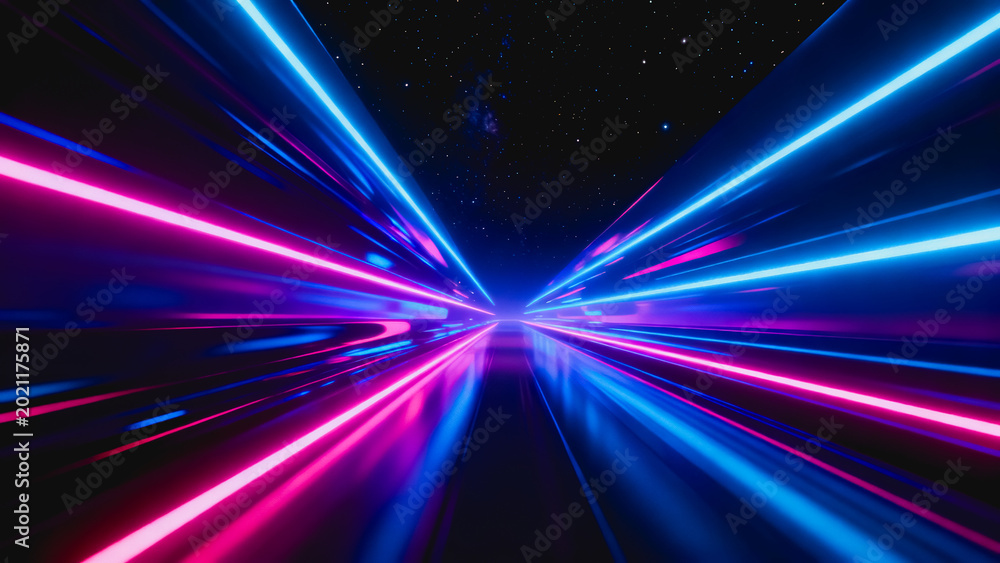 Fototapeta premium This sci-fi background features a hyperspace speed tunnel with glowing neon blue and pink light trails, creating a dynamic motion blur effect in dark space.