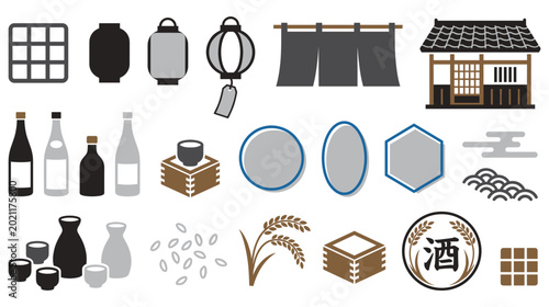 Obraz na plátně Set of traditional japanese sake brewery equipment and food icons collection
