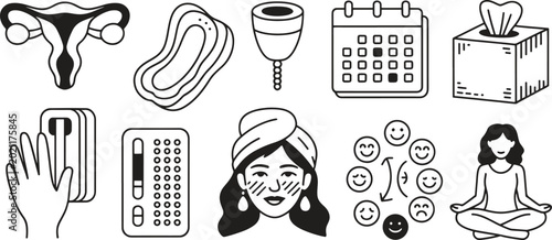 Black and white line art icons for menstrual health and hygiene