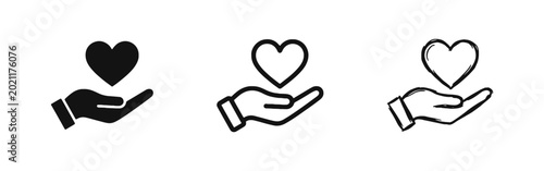 Cuadro en lienzo Hand Holding Heart Icon Set in Solid, Outline and Sketch Styles for Care and Cha