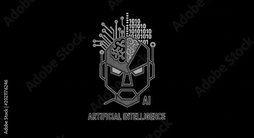 Stylized robot head with a split brain, circuit board patterns, and binary code, featuring the text artificial intelligence on black