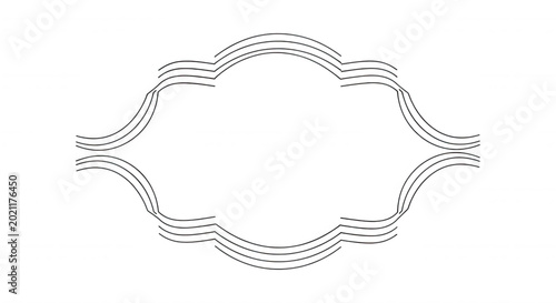 Symmetrical decorative frame made of multiple thin grey lines, ornate border with curved edges on a solid black background