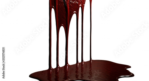 Thick dark red liquid dripping down against a solid black background, forming a glossy puddle at the bottom of the frame