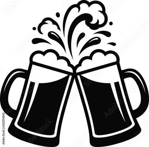 Foto Two beer mugs clinking with splashing foam and bubbles in flat linear style
