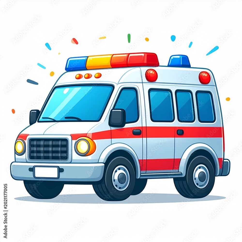 Fototapeta premium Cartoon ambulance vehicle with emergency lights on white background