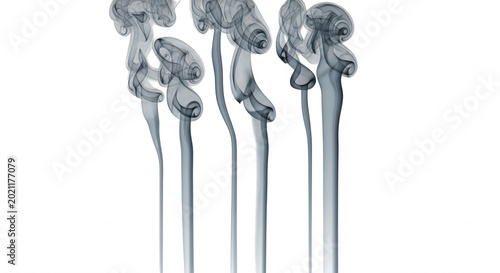 Three distinct vertical streams of white smoke rising against a solid black background, creating swirling patterns and abstract shapes