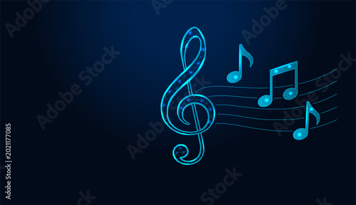 Low poly wireframe music notes and treble clef on dark blue background.