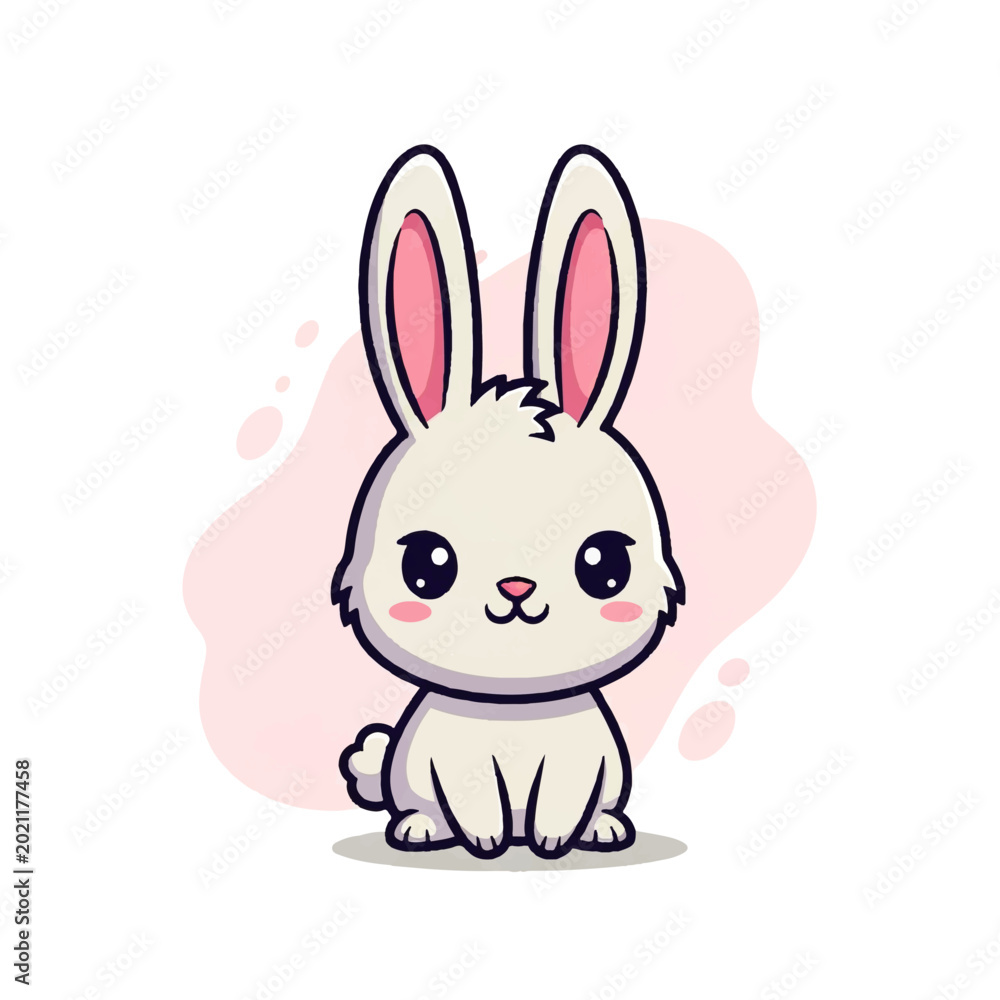 Fototapeta premium Cute white bunny rabbit in a vector flat design illustration, adorable cartoon animal with big eyes and pink accents